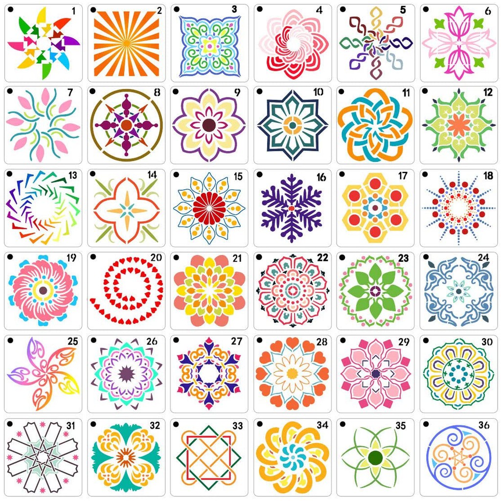3.6x3.6 Inch Reusable Mandala Dotting Painting Template Stencils Set for Painting Perfect for DIY Rock Painting Art Projects Wood Wall Floor Fabric Stone Furniture Tile 36 Pack Mandala Stencils 