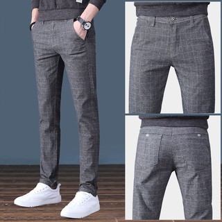 Image of Men's Slimfit Pants Plaid Elasticity Casual Long Pant Trousers
