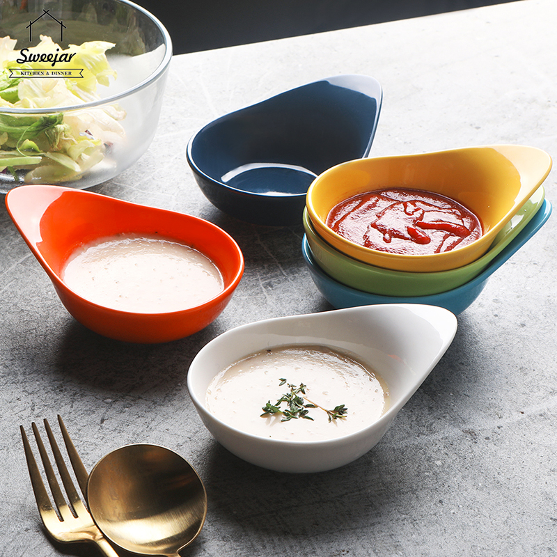 SWEEJAR Ceramics Mini Sauce Plate with Handle Round Side Dish Hot Pot