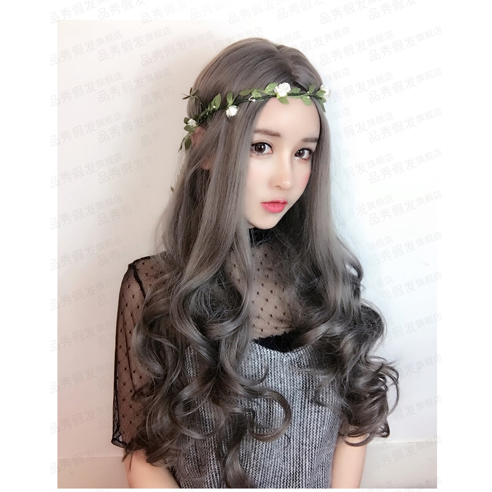 ☒Wigs female long curly hair big wave net red cute Korean version grandma  grey34