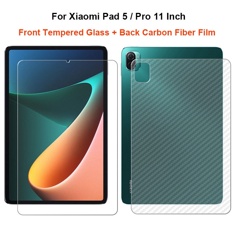 For Xiaomi Pad 5 / Pro 5pro 11” 1 Set = Back Rear Carbon Fiber Film Sticker + Clear Front Tempered Glass Screen Protector Guard
