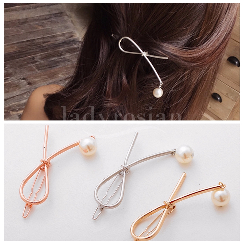 Korean Simple Rose Gold Bow Hair Accessories Design Pearl Clip