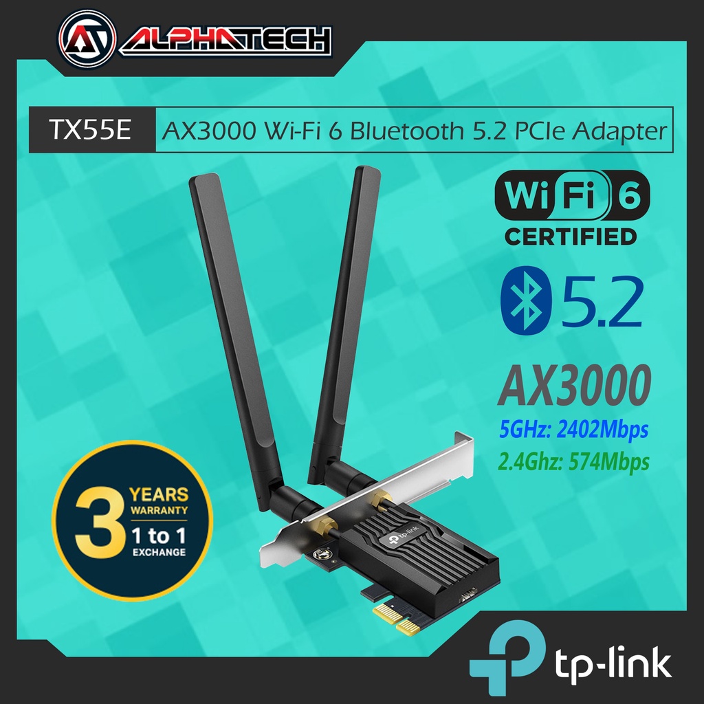 TPLink Archer TX55E AX3000 WiFi 6 Bluetooth 5.2 PCIe Adapter, 3 Year
