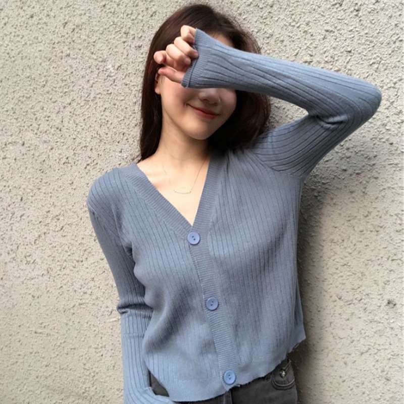 Image of Spring Autumn Short V-Neck Knitted Long-Sleeved Cardigan Hong Kong Style Vintage Fashion Versatile Sweater Casual Solid Color Outer Girls Clothing Genuine Korean Must-Have #1