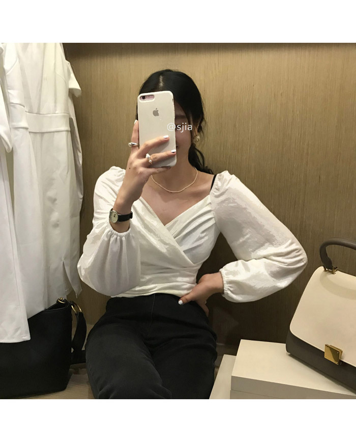 Image of SUXI Korean Style New Women's Lantern Sleeves V-neck Shirt #7