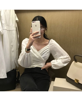Image of thu nhỏ SUXI Korean Style New Women's Lantern Sleeves V-neck Shirt #7