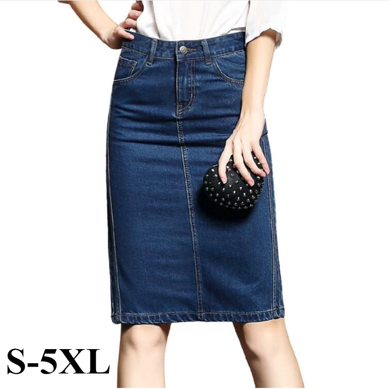S-5XL Fashion Casual Womens Denim Skirt Knee Length Pencil Jean Skirt ...