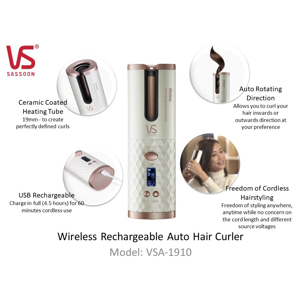 VS SASSOON Wireless Rechargeable Auto Hair Curler (1910 VSA-1910) | Shopee  Singapore