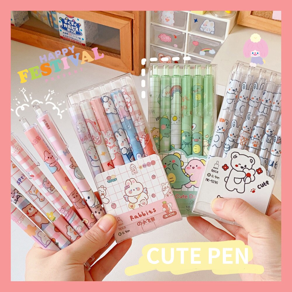 6Pcs/set 0.5mm Kawaii Cartoon Gel Pen Black Ink for Student Writing