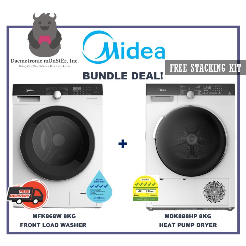 Midea 8kg Bundle Deal Front Load Washer MFK868W + Front Load Heat Pump