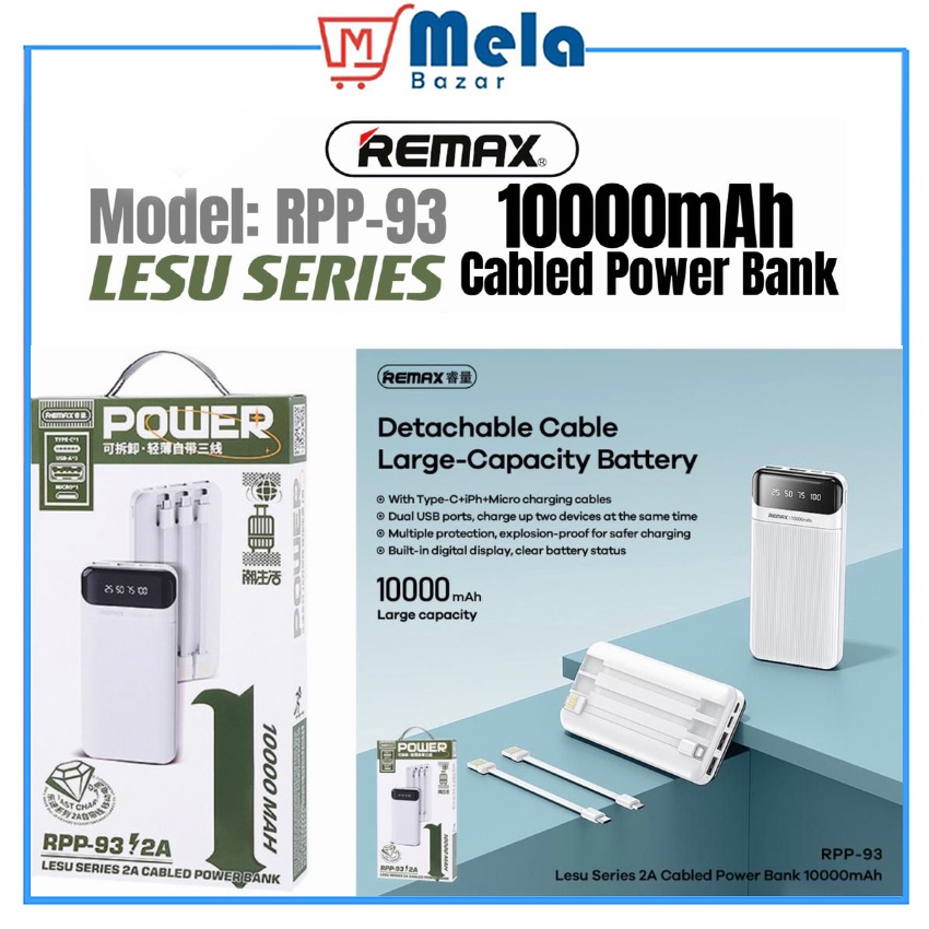 Remax RPP-93 LESU SERIES 10000mAh Cabled Power bank | Shopee Singapore
