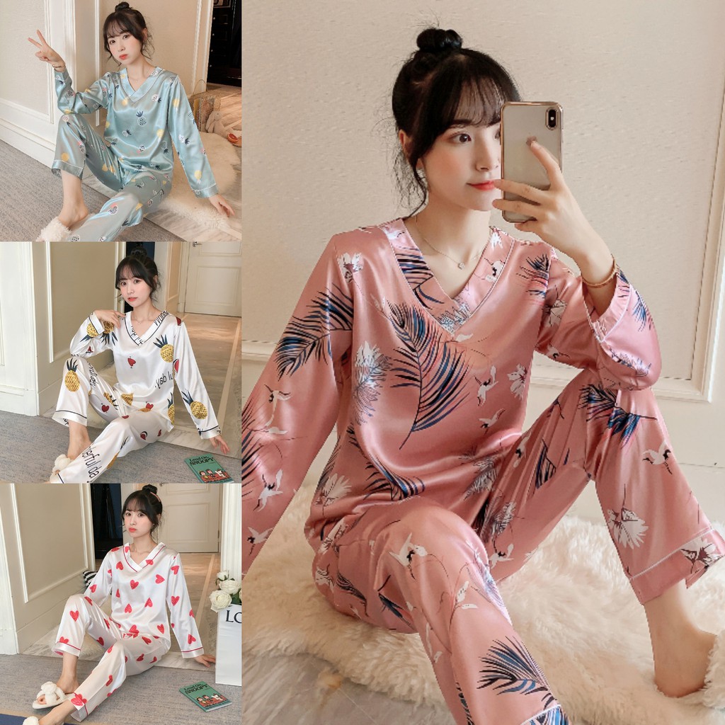 12 Designs Female V-Neck Sleepwear Silk Satin Pyjamas Set Long Sleeve  Pajamas Fruit Cartoon Print Nightwear Sleep Suit | Shopee Singapore