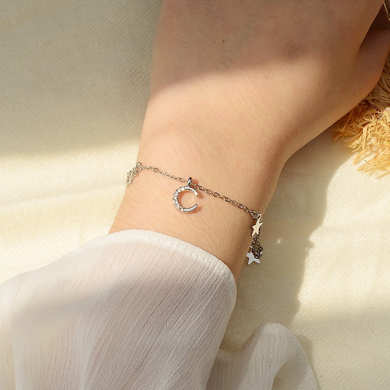 Image of 【In Stock】 Fashion korean shine flashing zircon moon mini star tassel silver bracelet pretty girl starry sky bracelet wild accessory #1