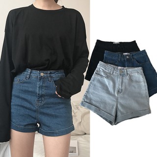 Image of Ready Stock Women's curling elastic high waist solid color slim denim shorts
