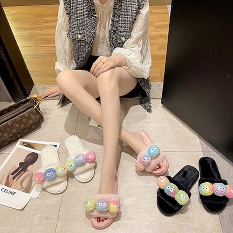 ✨READY STOCK✨Cartoon Cute Warm Furry Slippers Female 2023 New Style Big  Eyes Casual Flat Fur Ball Comfortable Non-slip Thick-soled Cotton Shoes |  Shopee Singapore