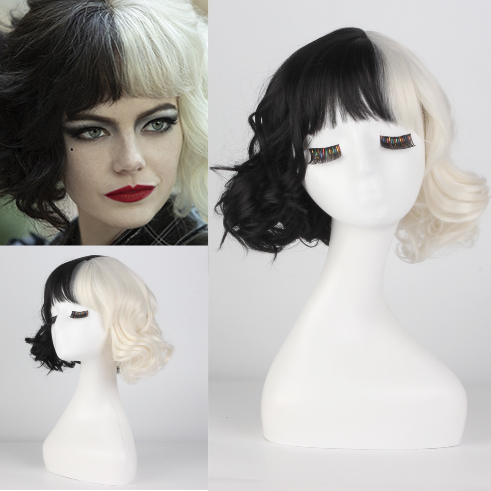 New Movie Cruella Wig Half Black And White Wigs For Costume Cosplay Women Girls Short Curly Hair Cute Wigs For Party Halloween Shopee Singapore