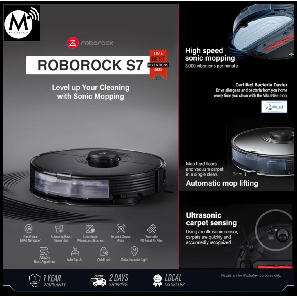 Roborock S7, Black Robot Vacuum Cleaner Robot UltraSonic Mopping Pad, Break and Scrub Dry Stain, Sonic Sensor Carpet