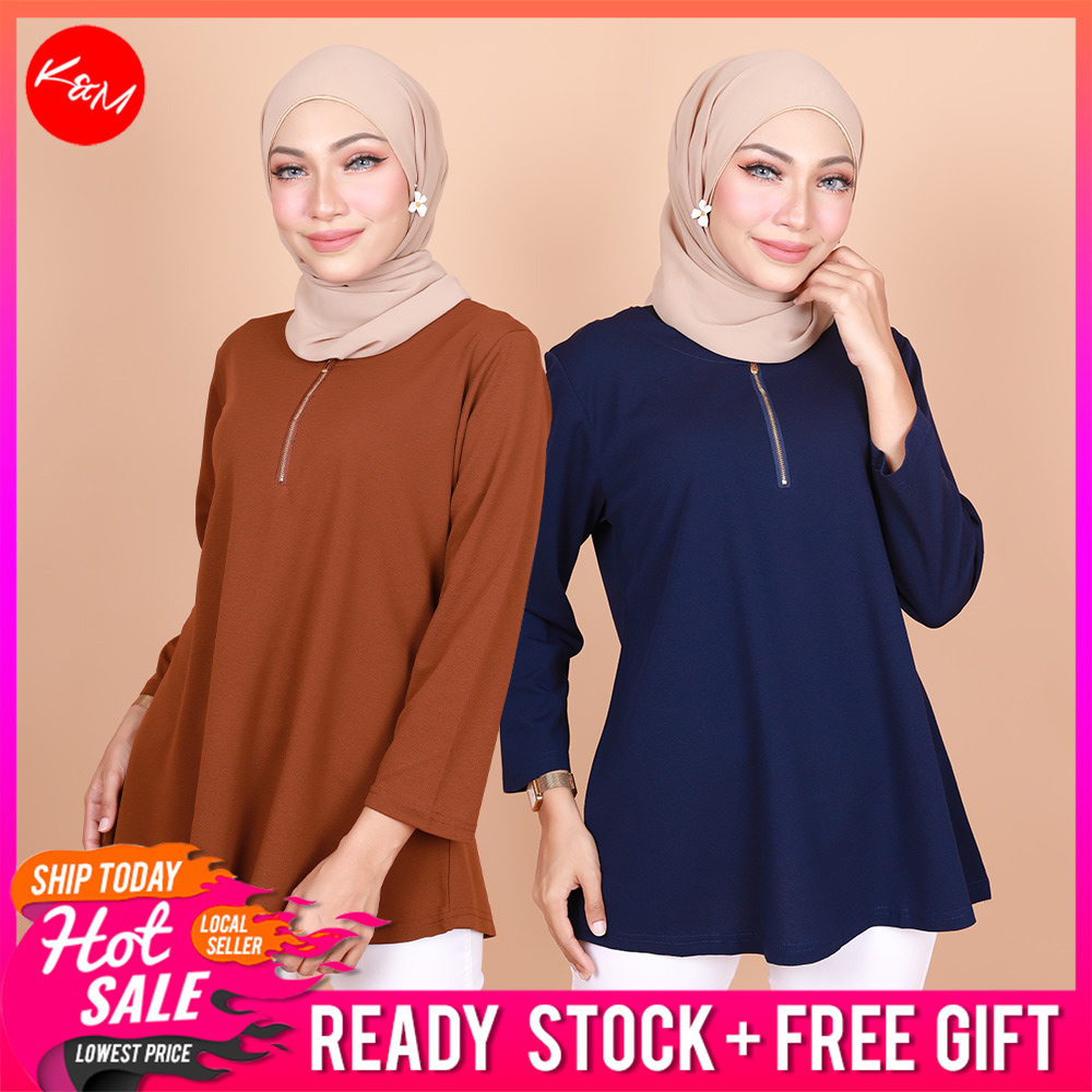 Km Women Hanna Zipper Peplum Fashion Blouse Top Baju Wanita Modern Muslim B22378 Shopee Singapore