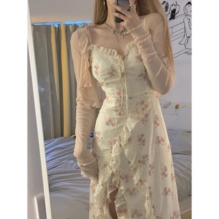 Dream Seven77 Floral Suspender Dress 2023 Summer New Ruffle Atmosphere Split Skirt Korean Style Suit