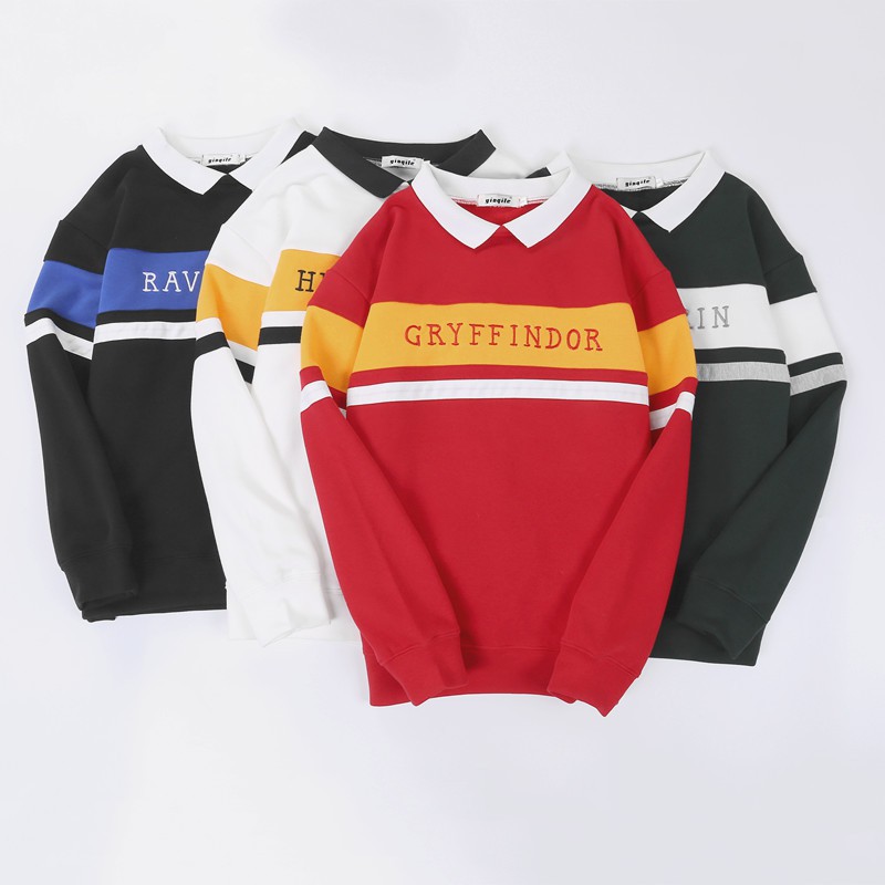 fashion letter gryffindor print colorblock lapel collar long sleeve pullover sweatshirt