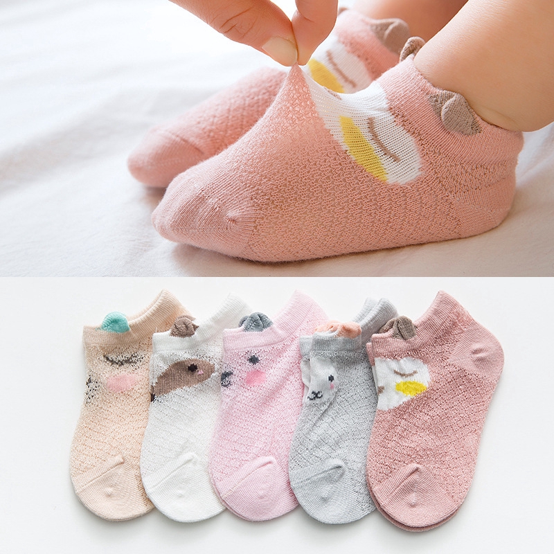 5Pcs/set Summer Cotton Thin Section Mesh Baby Socks Cartoon Breathable Baby Boat Socks Loose Mouth Cotton Children Socks