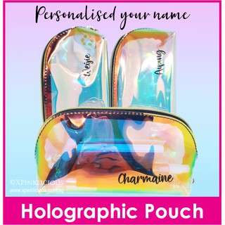 Image of Customised Name Print Rainbow Cosmetic Pouch / Holographic Pencil Case / Personalised Christmas Gift Present