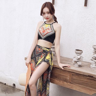 Ready stock  2020 swimsuit woman conservative three-piece suit small sweet wind show thin belly sexy national swim suit