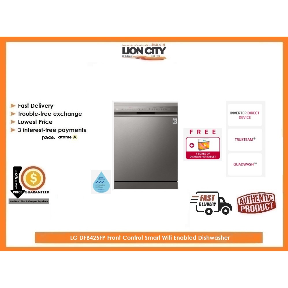 LG DFB425FP Front Control Smart Wifi Enabled Dishwasher with QuadWash