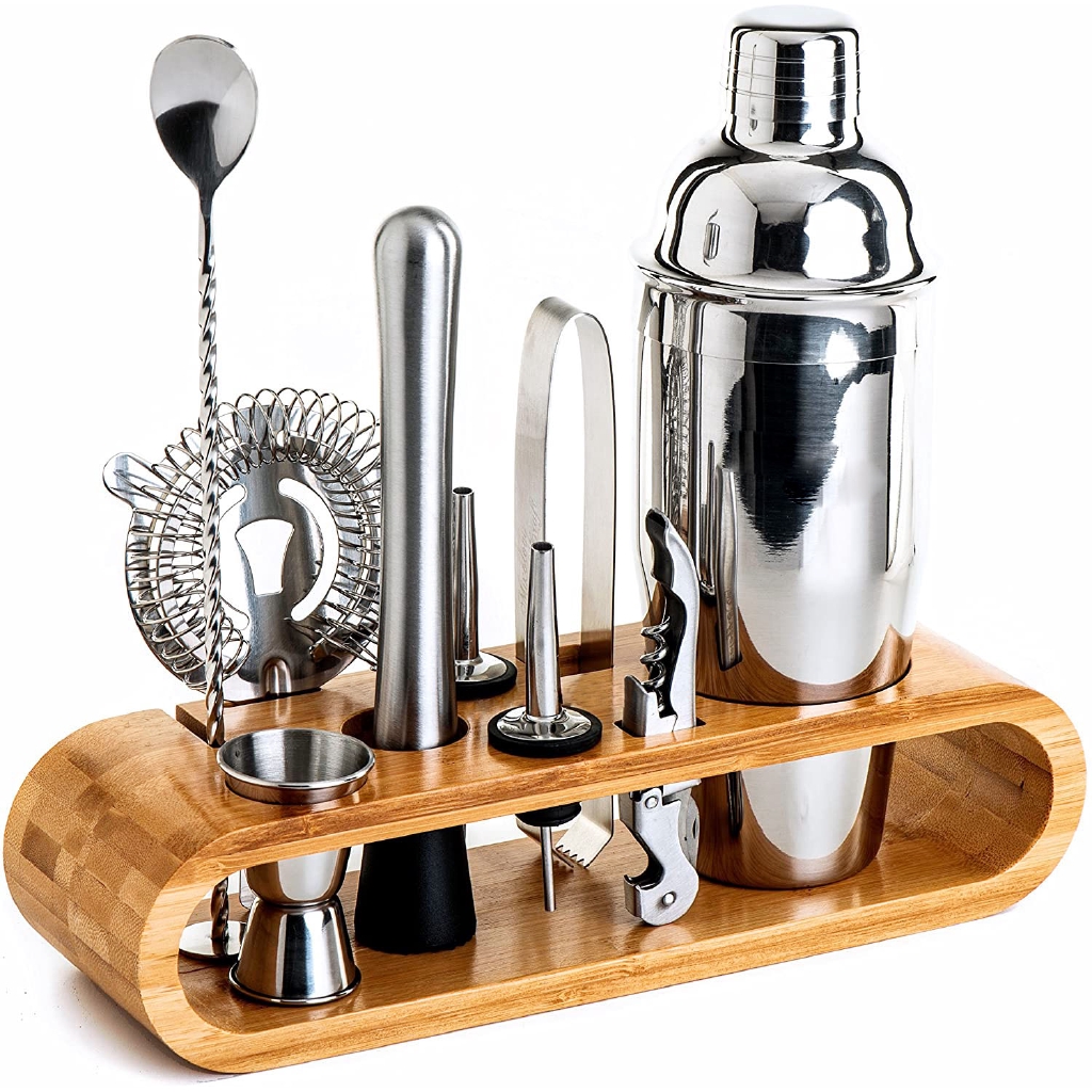 Stainless Steel Cocktail Shaker Mixer Bartending Kit with Bamboo Wooden