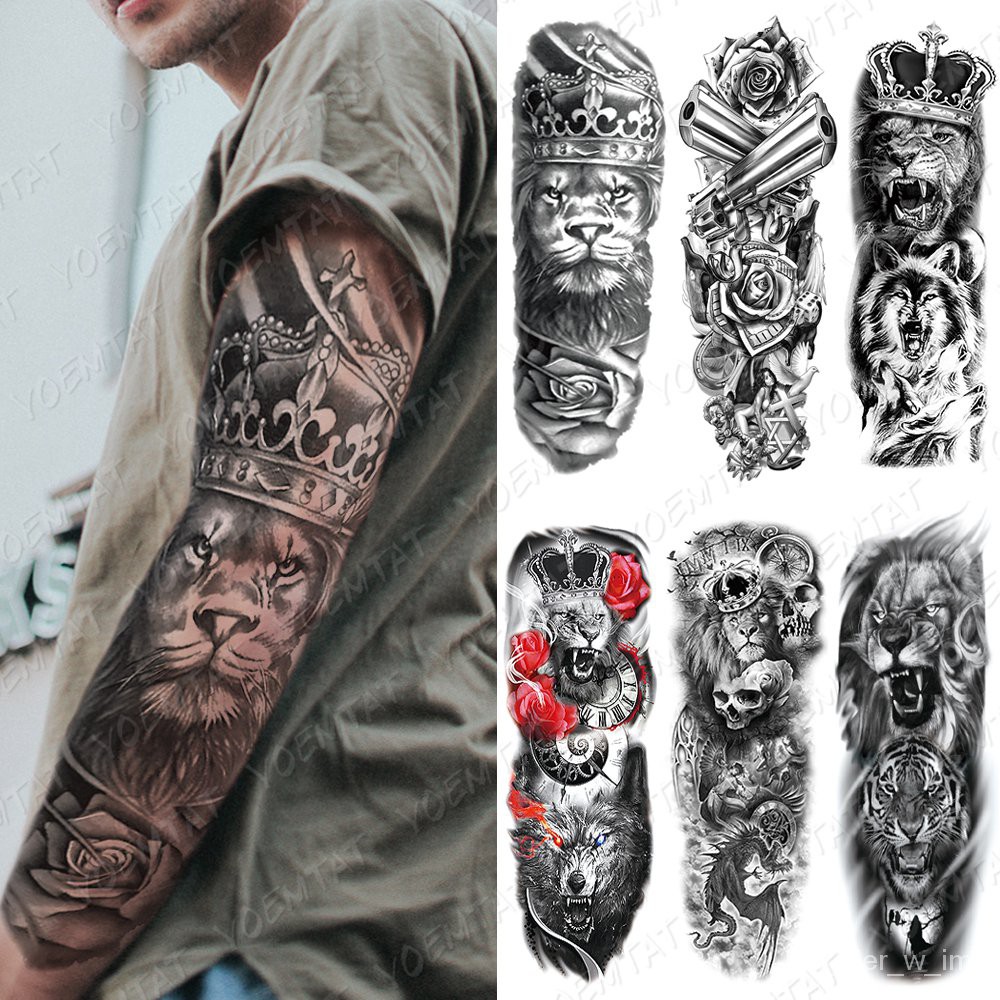 Large Arm Sleeve Tattoo Lion Crown King Rose Waterproof Temporary Tatoo  Sticker Wild Wolf Tiger Men Full Skull Totem Tat | Shopee Singapore