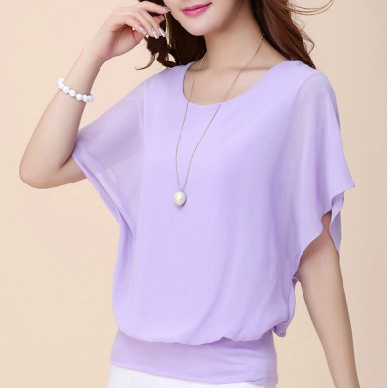 Women's New Fashion Large Size Slim Top Short Sleeve T-shirt Bat Sleeve Chiffon Shirt Loose Blouse[X-5XL]