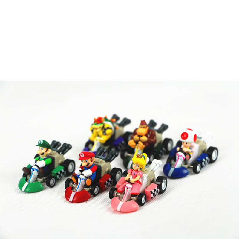 6 PCS Super Mario Kart Luigi PVC 4 Wheels Pull Back Racers Mini Car Toys figure 