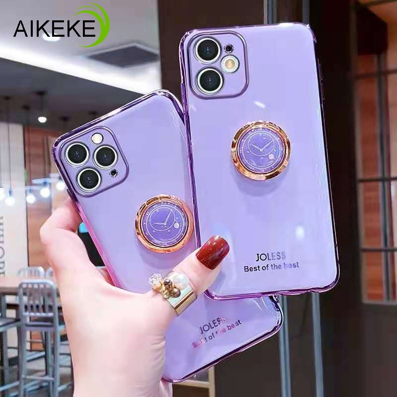 Casing OPPO Reno 6 5 4 Pro Plus SE 4G 5G Soft Cover Luxury Clock Ring Holder Plating Silicone Phone Stand Case