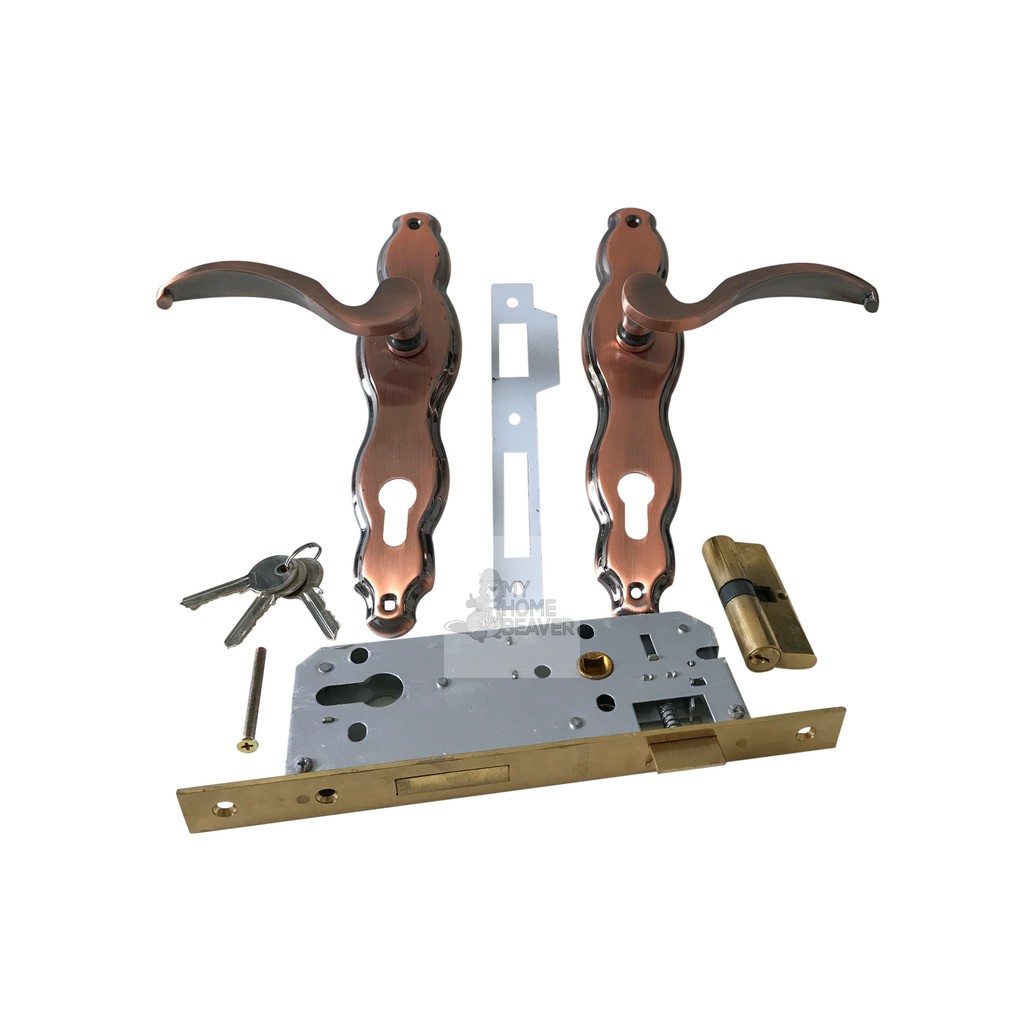 HDB Metal Gate Lock Security Door Handle Lockset 3 Keys Included [Brass