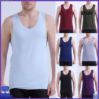 EH_Men Low-cut Neck Sleeveless Solid Color Seamless Cotton T-shirt Fitness Vest