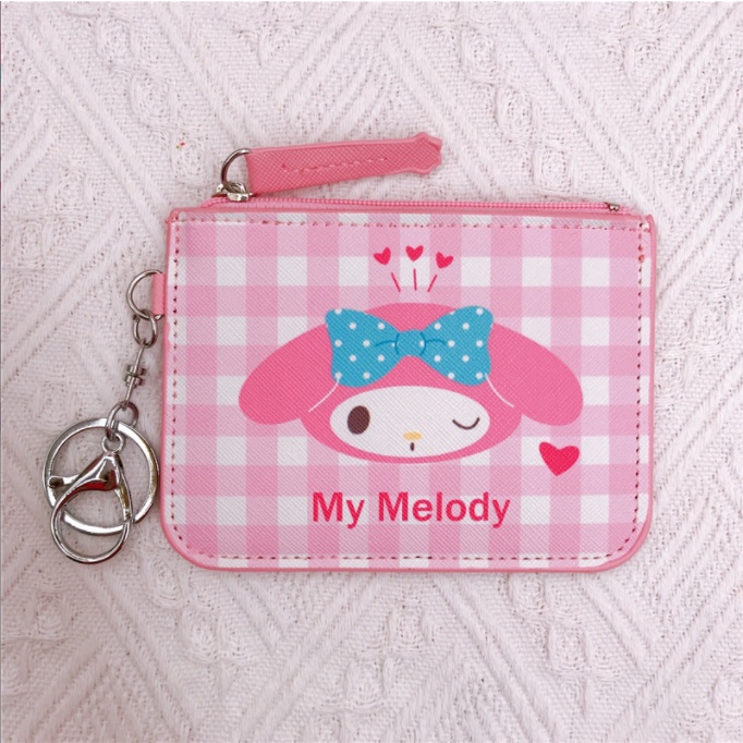 Image of Japanese Sanrio Family Lattice PU Zipper Coin Purse cinnamoroll Change Storage Bag Cute Student Card Holder Work Id Melody Small Wallet Portable Stationery Gift #7