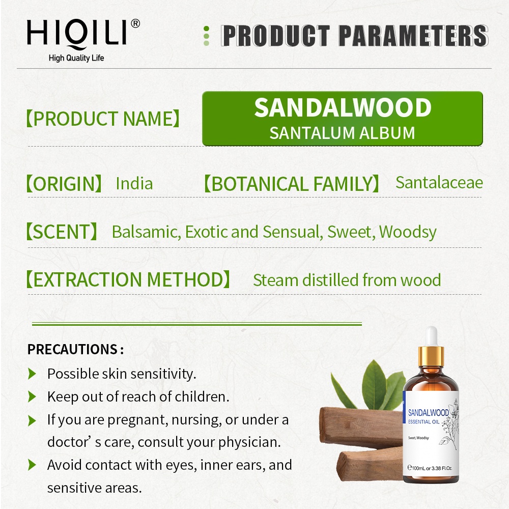 HiQiLi Sandalwood Natural Plant Aromatherapy Essential Oil Air Freshener Massage Humidifier Skin Health Calming