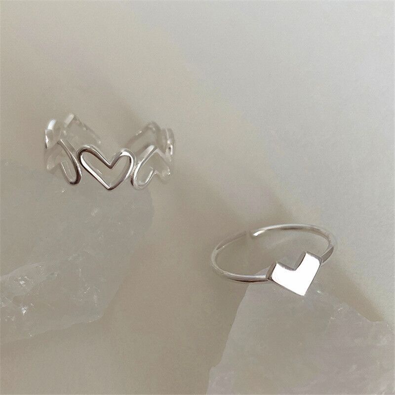Image of Korean Ring Set Simple Cute Silver  Heart AdjustableRing for Women Accessories Jewelry #6
