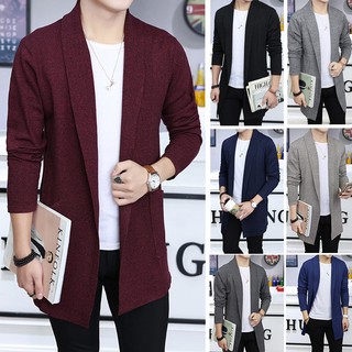 Image of Men's Long Knitted Lapel Open Front Cardigan