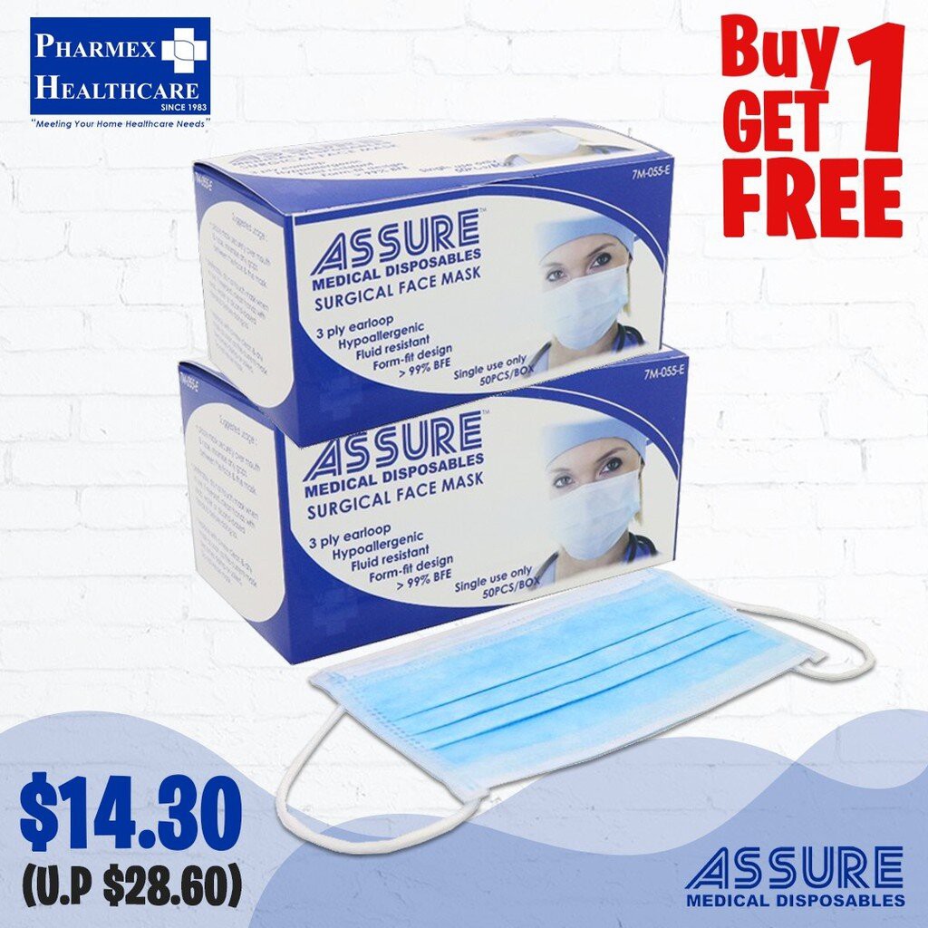 [BUY 1 GET 1] ASSURE Surgical Face Mask, Adult, 3-Ply Earloop, 50pcs ...