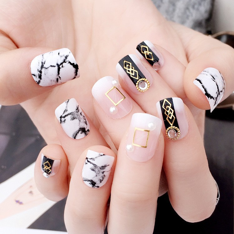 24 Piece Nail Art Finished Product Fake Nails Fashion Marbled Black Nail Patch Shopee Singapore