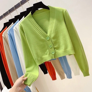 Image of Knitted Cardigan Outerwear Women's Fashion Short High Waist Long-Sleeved Shawl v @