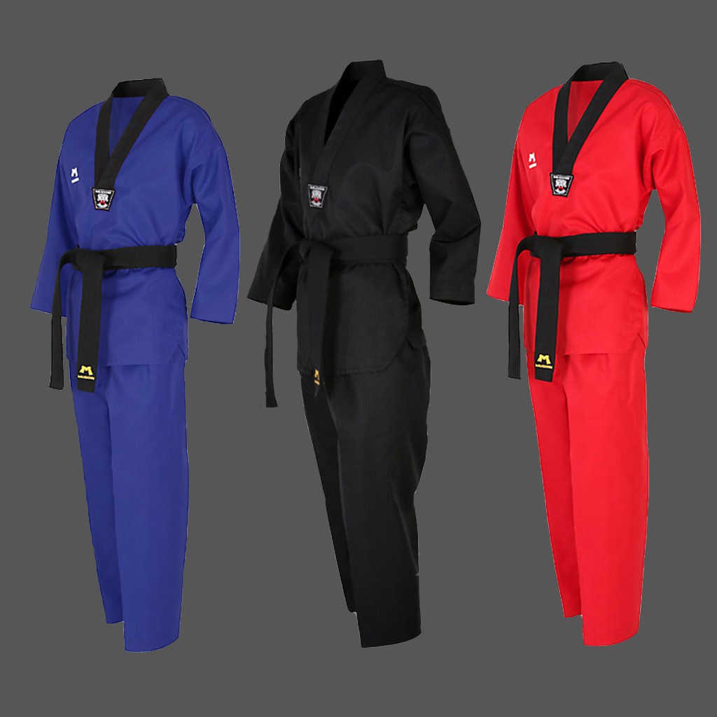 Mudoin Korea Taekwondo Color Uniform for Adults V-Neck Blue Red Black 3 Colors MMA Martial Arts Demonstration Team Gym School Academy 