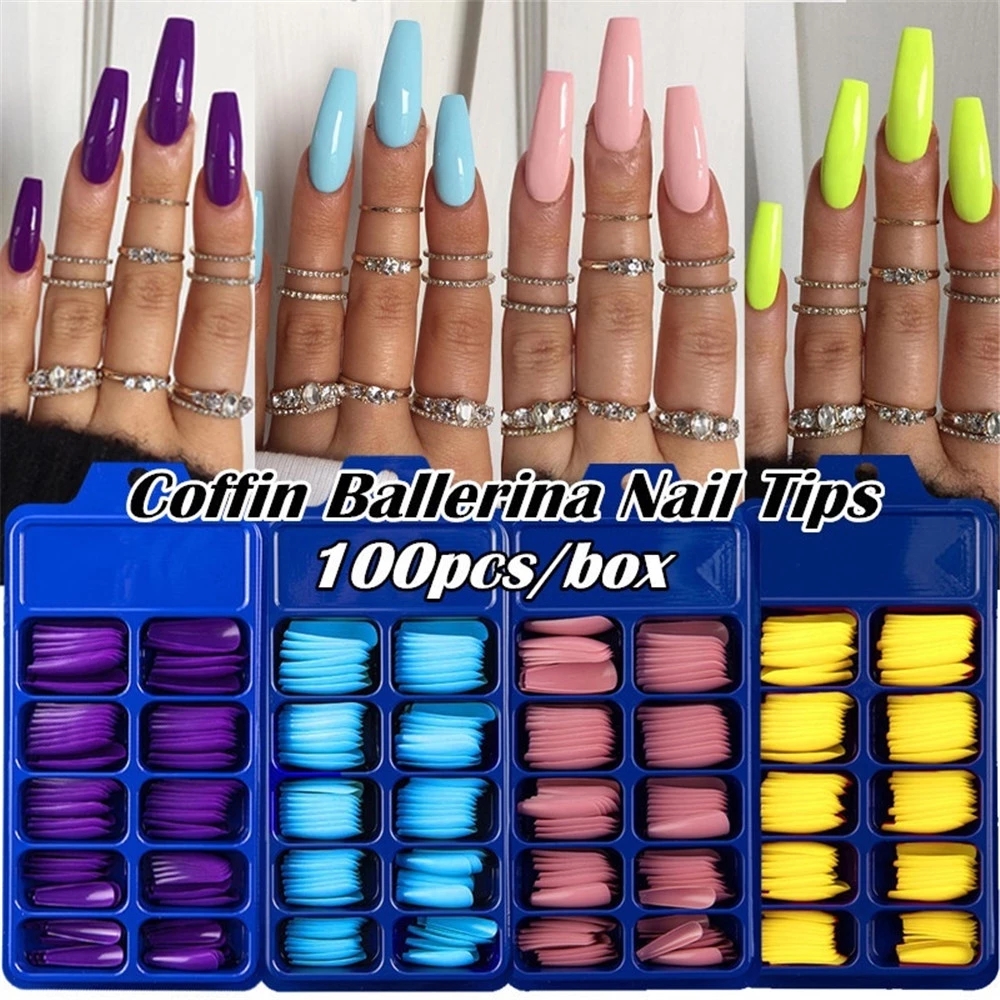 With Glue New 100pcs Box Professional Fake Nails Long Ballerina Half French Acrylic False Nails Tips 10 Size Press On Nails Color Nail Extension 01 Shopee Singapore