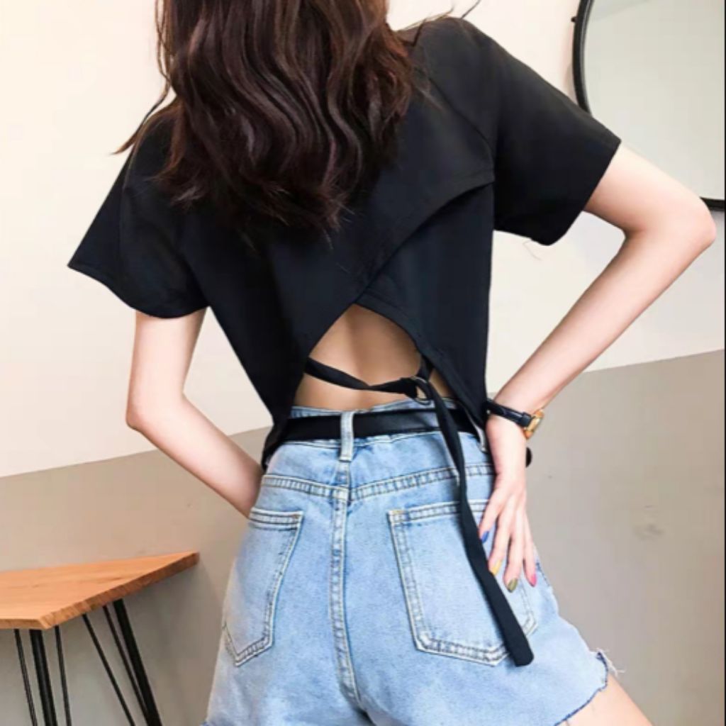 Korean Fashion Sexy Back Short Sleeve Top Shirt 性感露背短袖t恤女新款后背镂空漏背小心机设计感