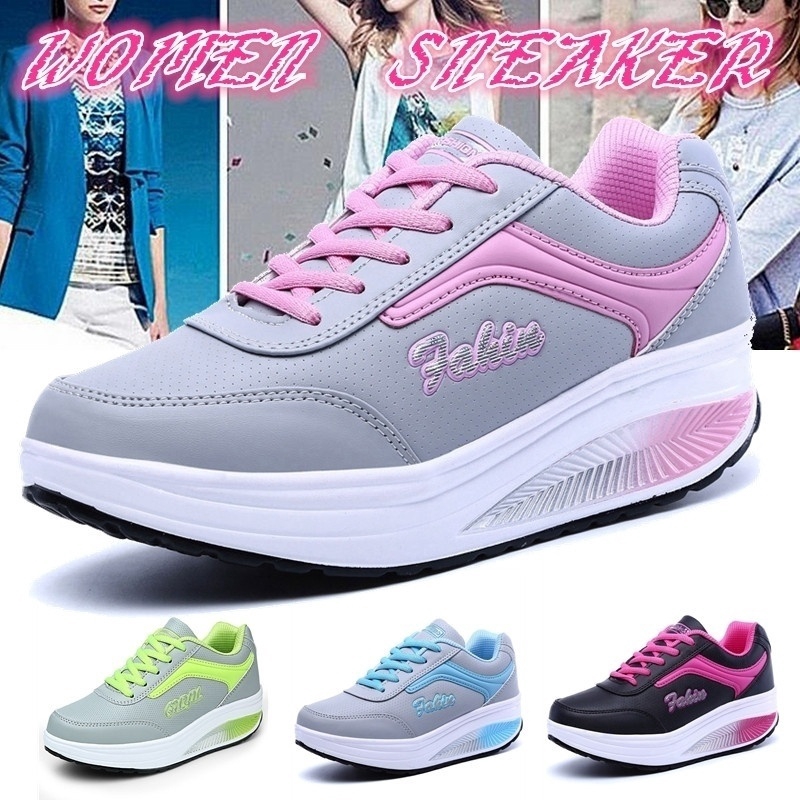 Women Casual Leather Running Sport Shoes Thick Sole Slimming Shoes