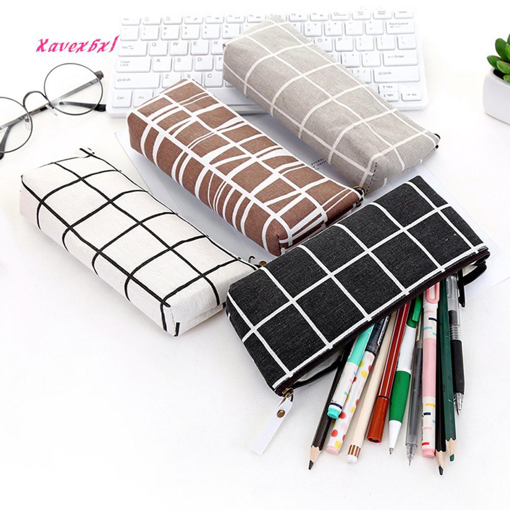 Xaunisex Grid Canvas School Pen Bag Office Supply Students Stationery Pencil Case - game roblox pencil case pen bag make up cosmetic bag cartoon student multi function flip stationery bag gift pencil tins cheap pencil case from