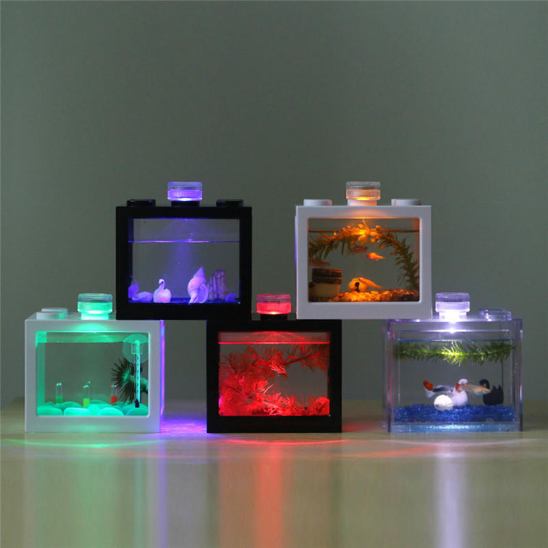 Mini Aquarium Block Building Block Tank with LED Lighting Bulb Betta