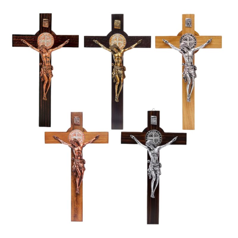 KAYU Catholic Hanging Cross Teak Wood Benedict Medal Corpus Fiber 40cm