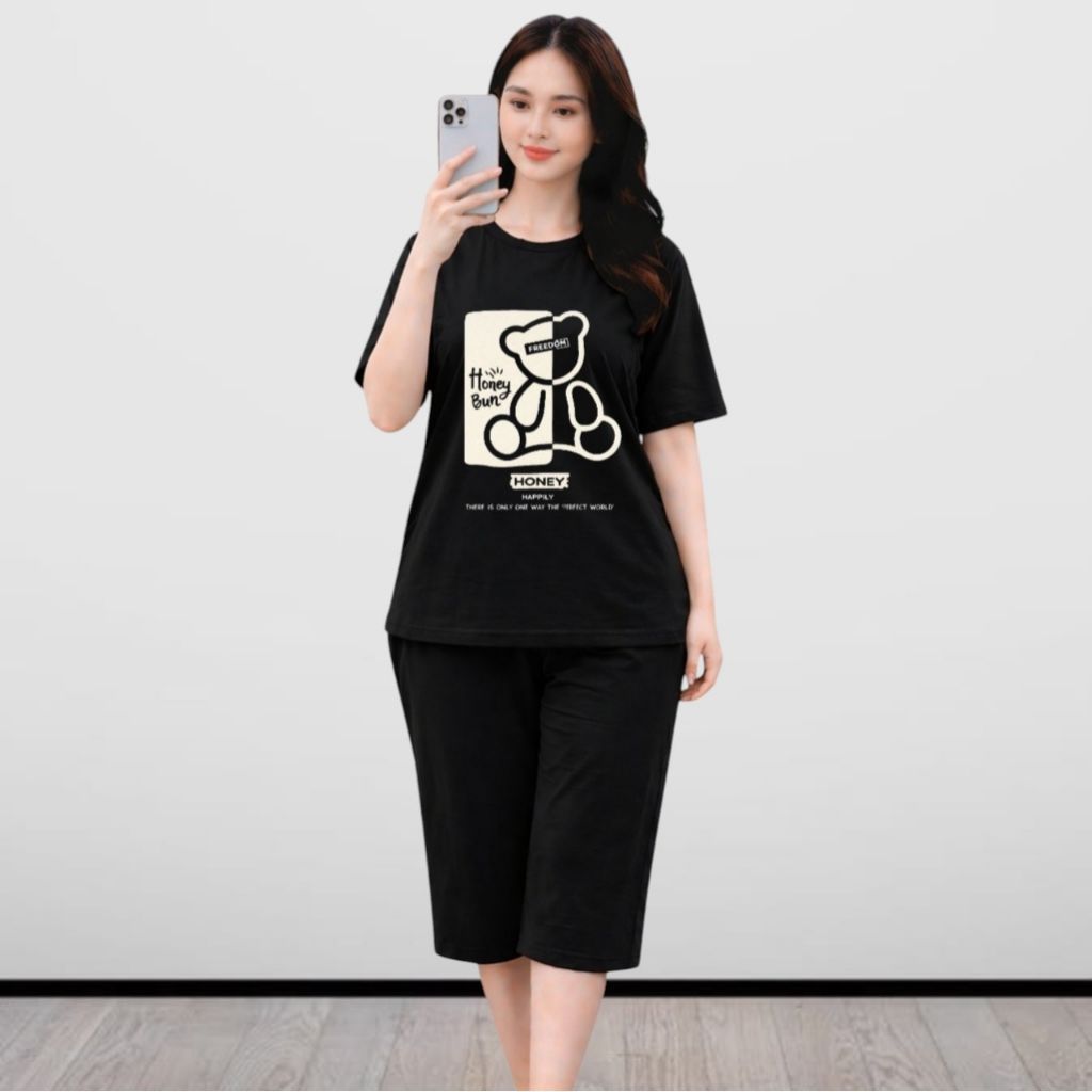 Stelan Baju Wanita Celana Kulot 7/8 Bahan Bebyteri Motif Honey Kekinian